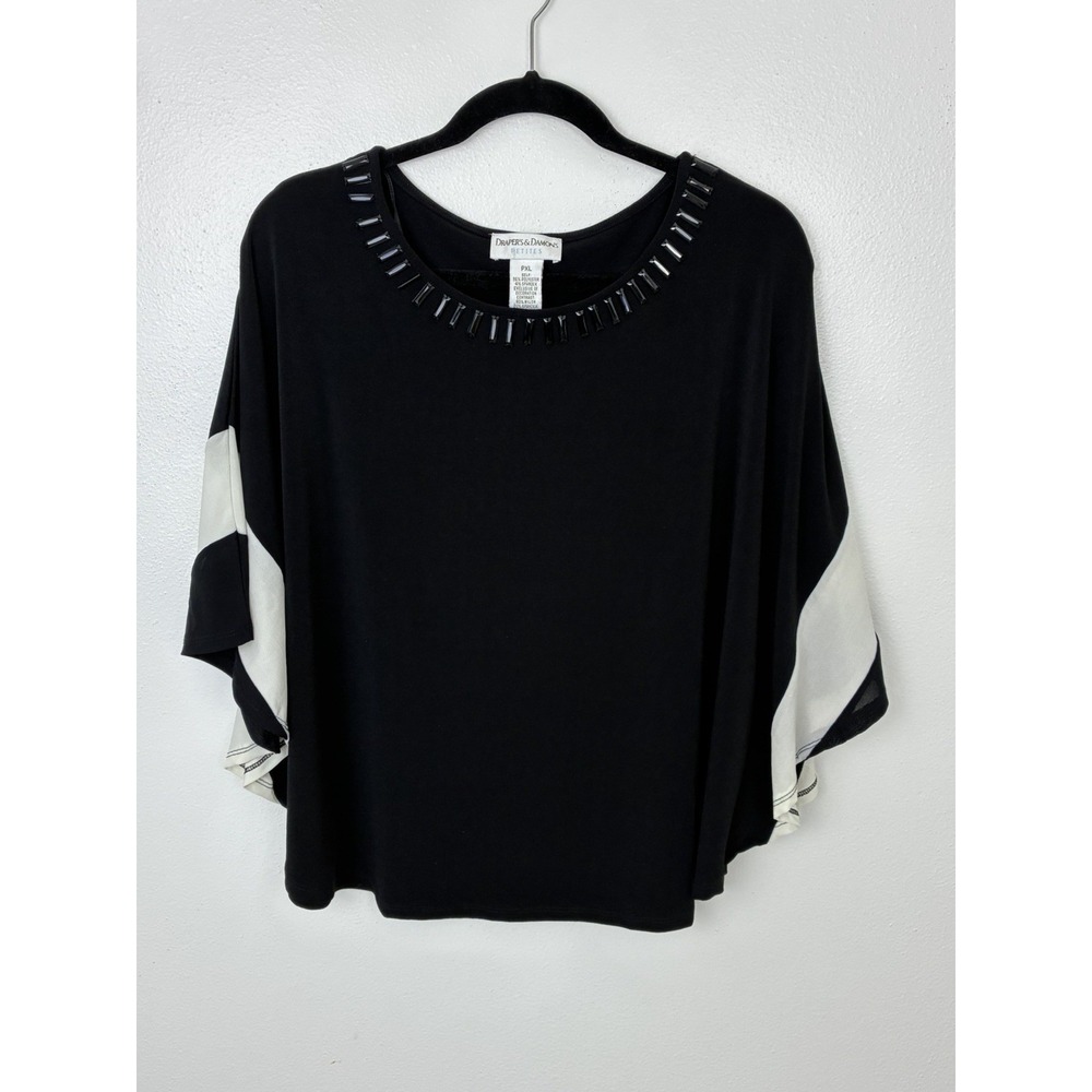 Draper's & Damon's Black Beaded Blouse PXL Petite White Contrast Knit Top